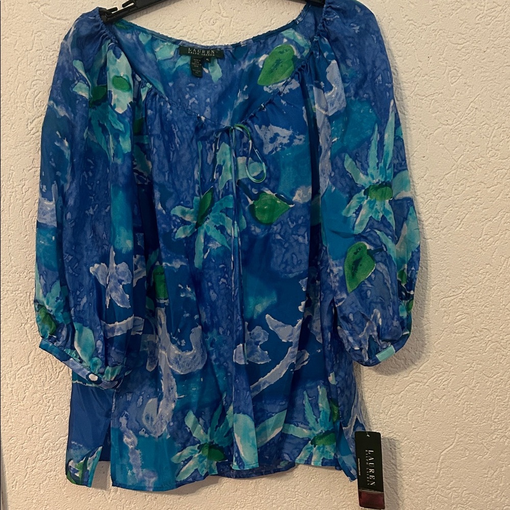 Kasper Blue and Green Floral Blouse